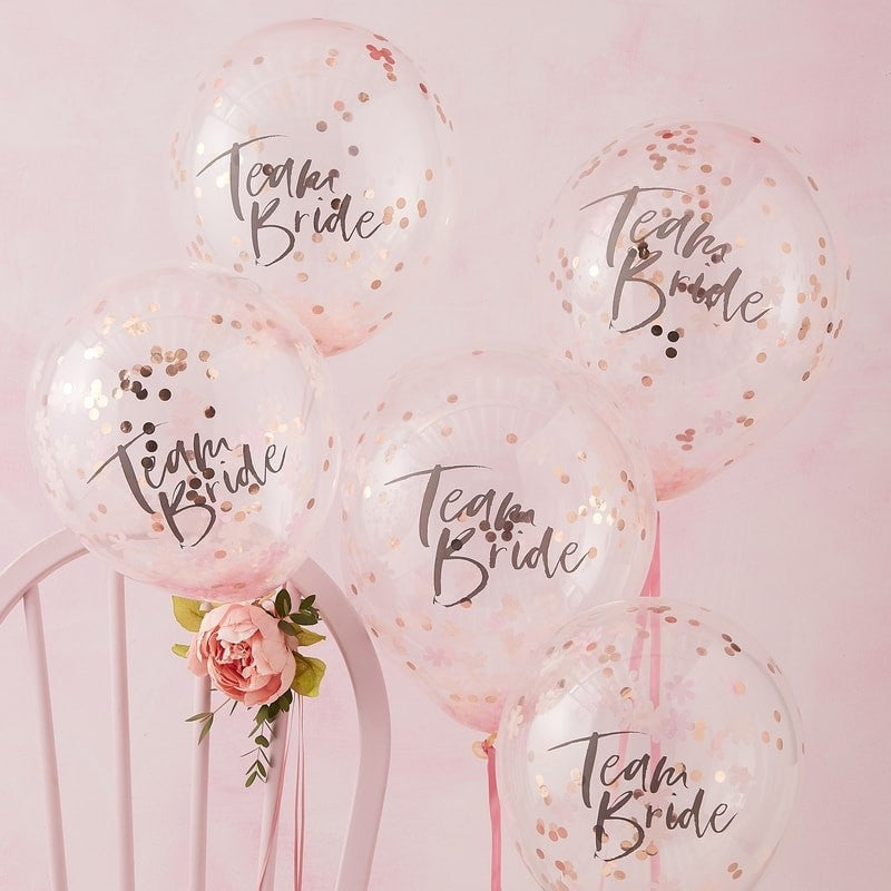 Team Bride rose gold confetti bachelorette balloons