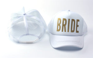 white hat mesh trucker gold bride bachelorette 